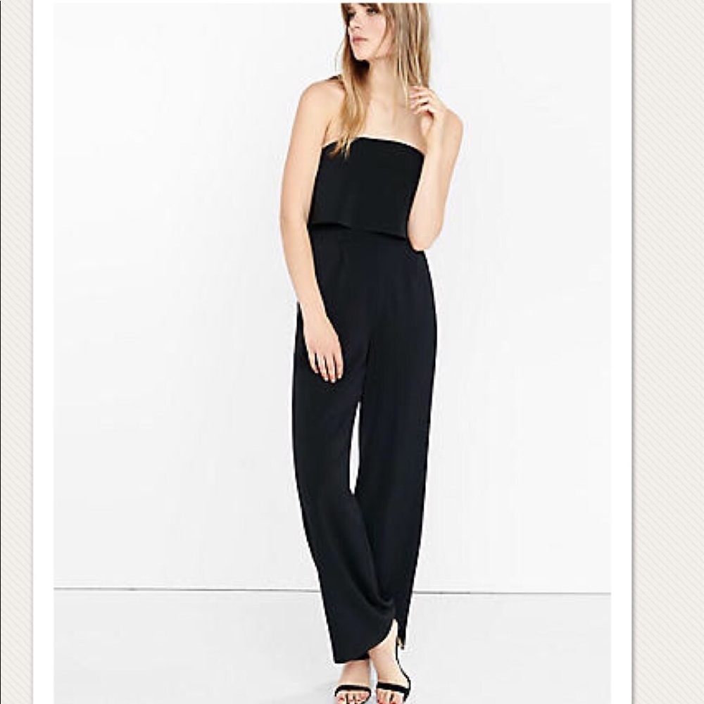 Black Strapless Flounce Jumpsuit. Black